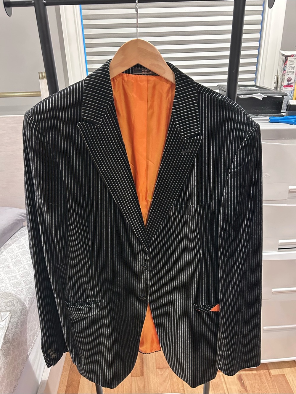 Ben Sherman Black Pinstripe Blazer with Orange Lining